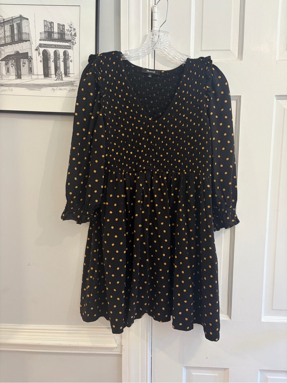 Madewell Knee Length Black Dress with Yellow Polka Dots